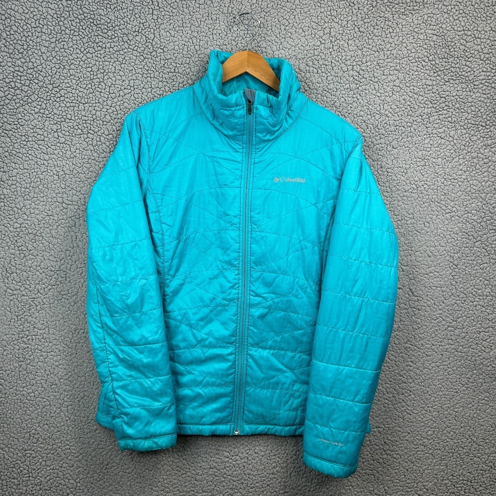 Columbia Omni Heat Jacket Womens Large Blue‎ Full Zip Mock Neck Outdoor Quilted